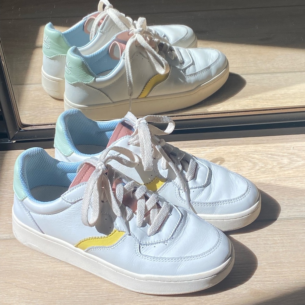 Soludos White Leather Sneakers with Yellow Accent and Pastel Details